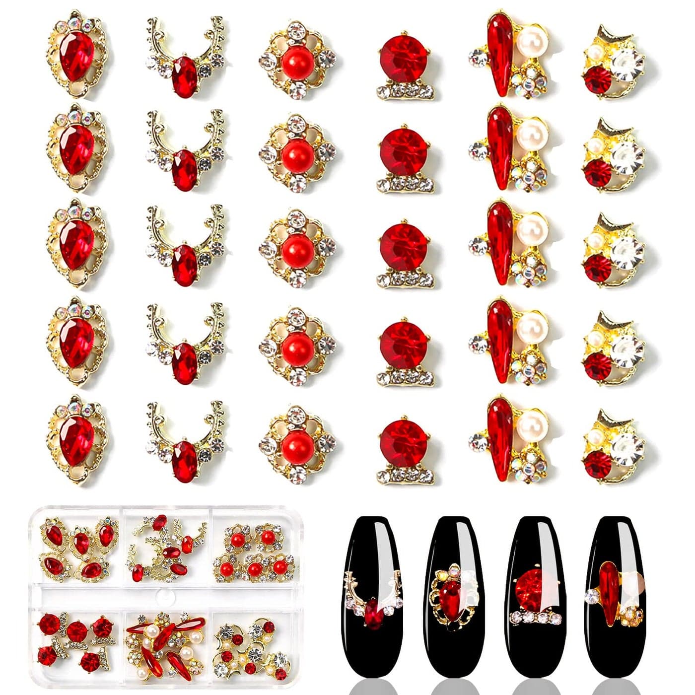 JERCLITY 30 Pieces 3D Luxury Alloy Gold Nail Charms Flat Back Red Nail Rhinestones Gems Jewels Crystal Diamonds for Nails Nail Pearls Diamonds for 3D Nails Art Decoration Accessories