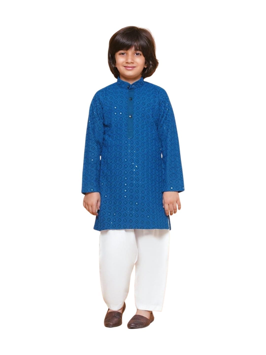 AJ DEZINES Boys Ethnic Kurta Pajama Set | Cotton Full Sleeve Chikankari Kurta with Sequins | Traditional & Festive Outfit | Mandarin Collar, Regular Fit | Special Occasion Outfit for Kids | BLUE-14