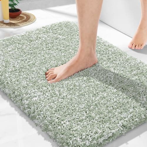 Yimobra Bathroom Rugs for Home Essentials, Non Slip Washable Bath Mat, Soft Water Absorbent Plush Shower Rug for Bathroom Floor, Bath Decor Accessories, 24x17, Light Green White