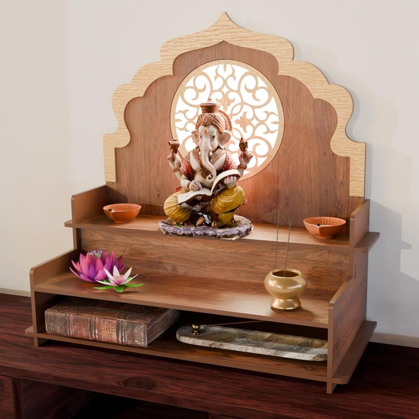 NIVED NARMADA Mandir with Backlight Biggest Mandir with Extra Storage 21 x 21 x 10 inch Engineered Wood Dual Colour No Screw or Bolt Assembly Wall Mountable Pooja Temple Colour Walnut