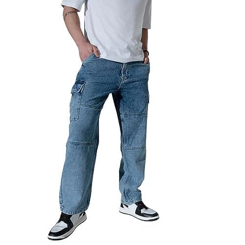 Hubberholme Men's Loose Fit Cargo Jeans (Mid Blue, 34)