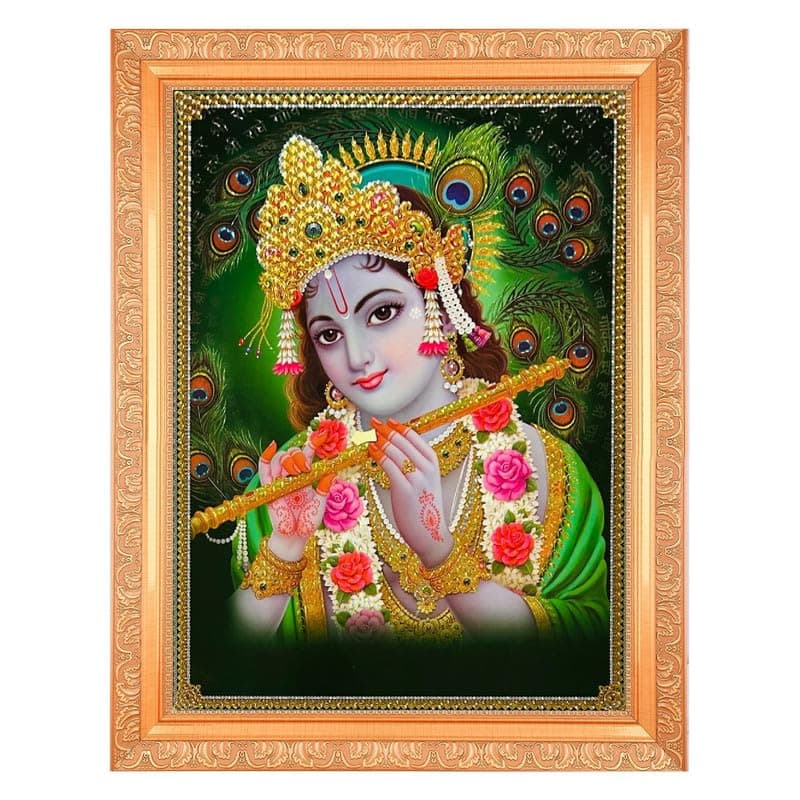 BM TRADERS Krishna Bhagwan With Crystal Effect Art Work Photo In Golden Frame Big 14 X 18 Inches