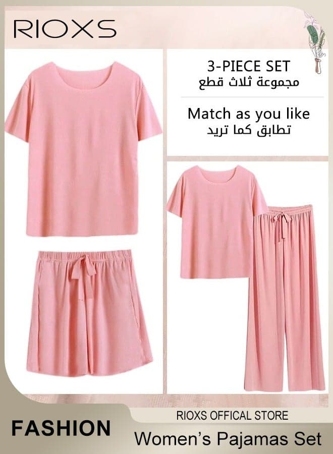 Women's 3PCS Summer Pajamas Set, Short Sleeve Round Neck Shirt with Elastic Waist Shorts and Long Pants, Skin-friendly Soft Sleepwear, Cozy Stylish Loungewear