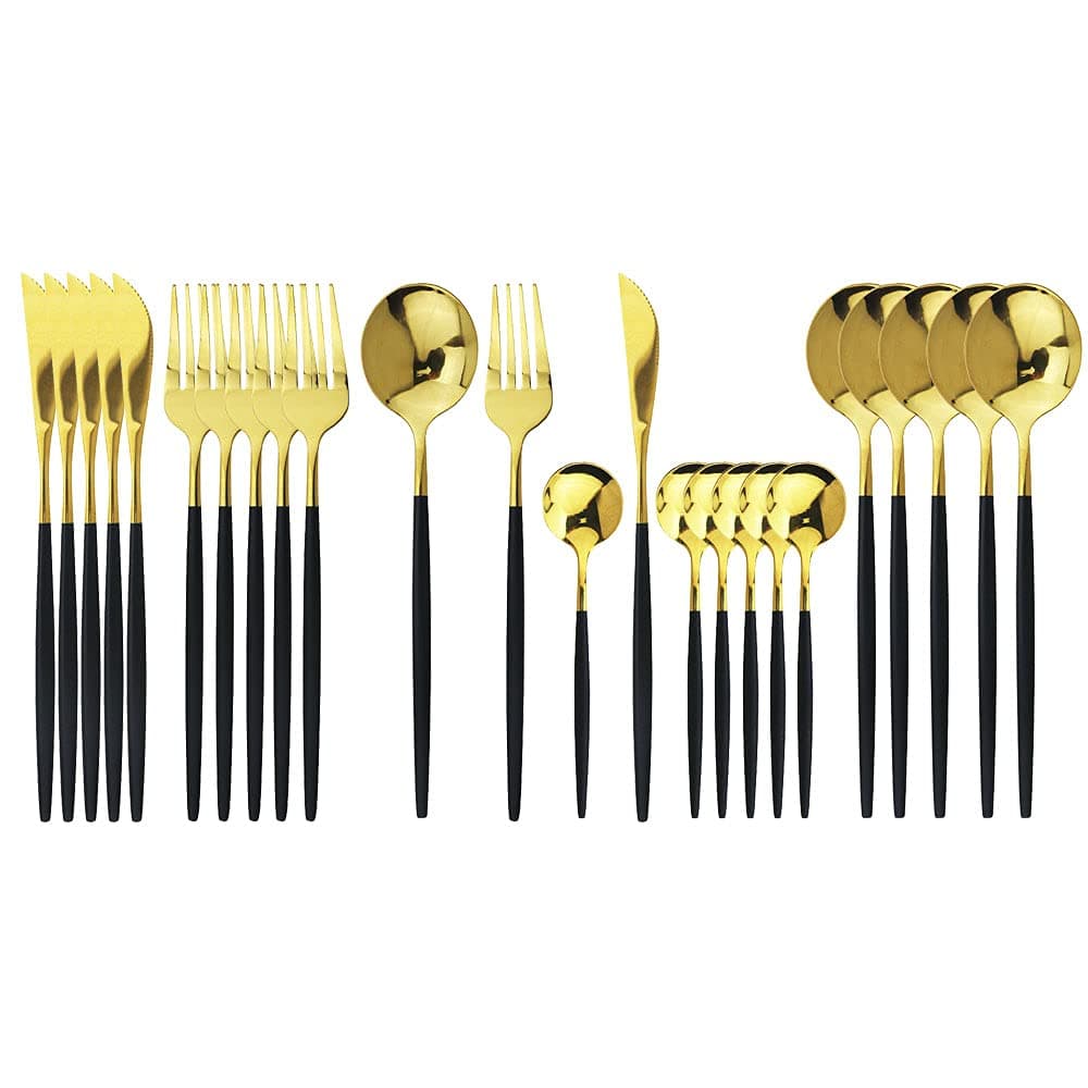 JASHII Flatware Serving Set 24 Piece Stainless Steel Silverware Set Titanium Black Gold Cutlery Set Modern Elegant Tableware Set for Party Christmas Dinner Black Gold