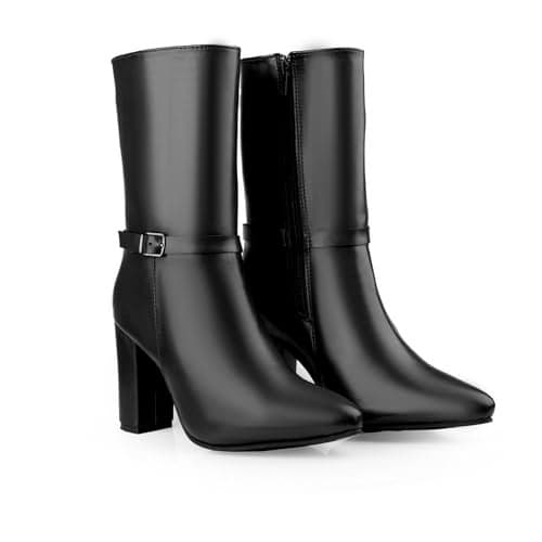 BXXY Elegant Women's Black Mid-Calf Office, Winter Outings, and All Occasion Wear Boots with 9 CM Block Heel - 41 EU