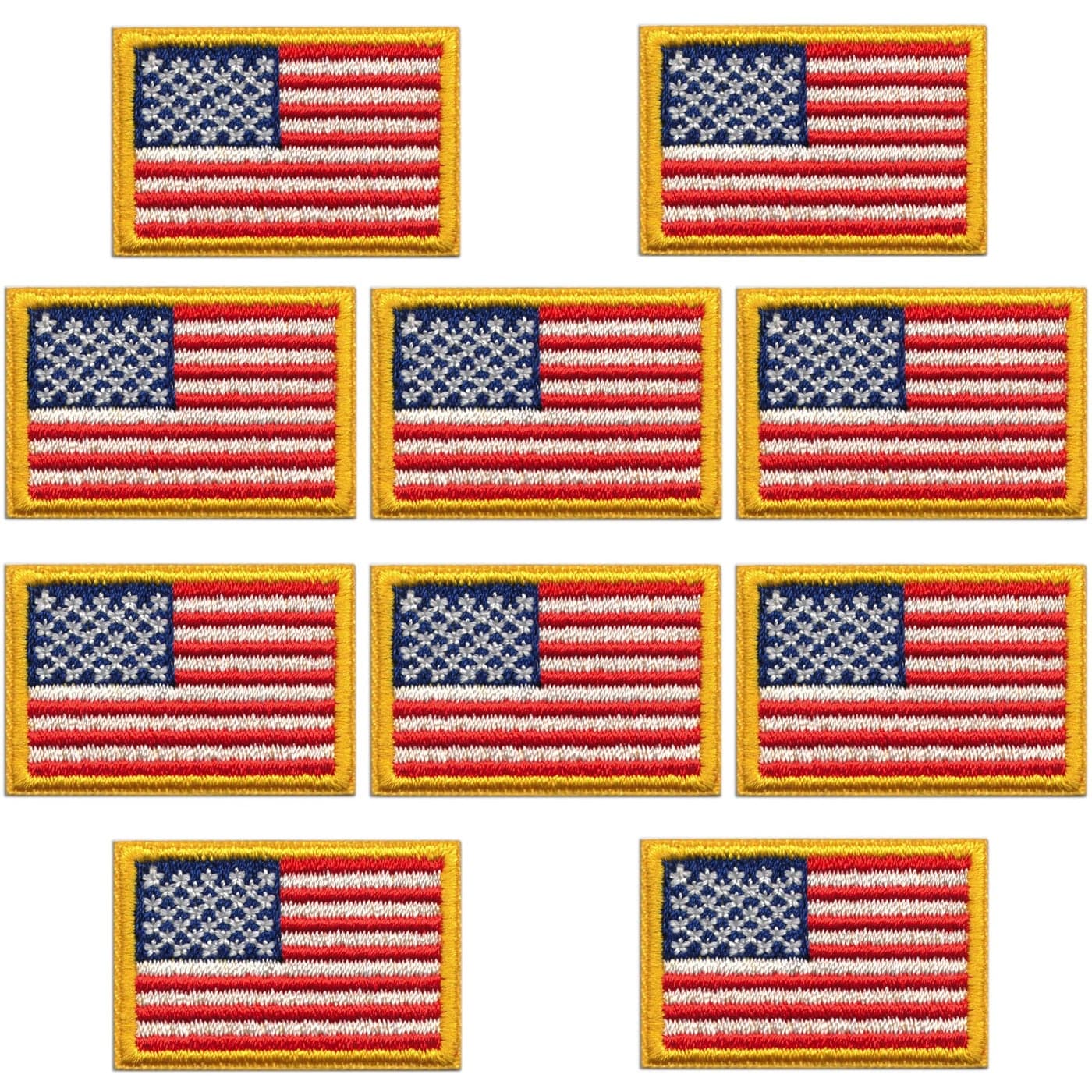 Laughing Lizards Small American Flag Patches with Gold Border 10Pack Patriotic USA Embroidered Flag Patch Iron On Glue On or Sew On to Uniforms Hats Backpacks Jackets Pants Accessories