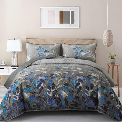 WONGS BEDDING 3 Pieces Quilt Set Queen Size, Grey-Blue Floral Bedspread Coverlet Set, Soft Microfiber Lightweight Floral Bedding Set Queen 96"×90"