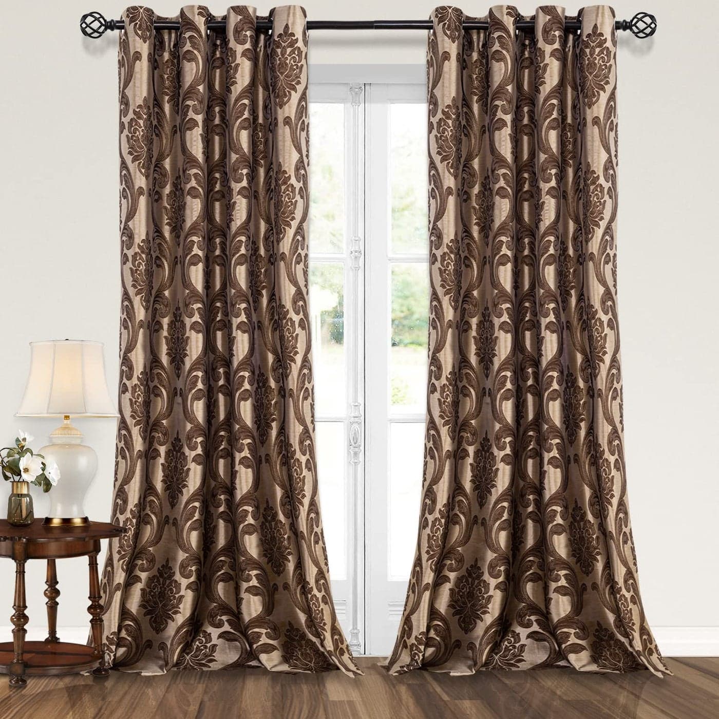 NAPEARL Brown Damask CurtainsLuxury Curtains for Living Room Jacquard Curtains Drapes for Home Decoration Victorian Brown Curtain for Bedroom 2 Panels Each 52 x 108 Inches