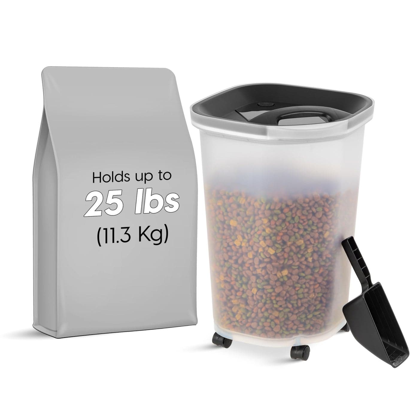 IRIS USA Premium Airtight Dog Food Storage Container, Up to 25 lbs, 60% Improved Airtightness with Seal & Air Valve, 2 Cup Scoop, Removable Wheels, Fit in Small Space, BPA Free, Black