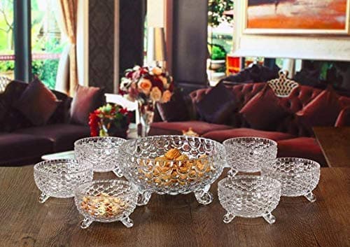 DOMINGO HUB Crystal Glass Desert IceCream Sundae Pineapple Shaped Serving Ice Cream Bowl Set Fruit Bowl Pudding Dish Transparent Large Bowl600 ml Small Bowl180 ml Set of 7