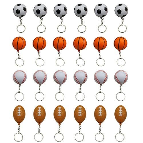 MOMOONNON Mini Foam Squeeze Sports Ball with Keychain 24 Counts Mixed Mini Soccer Basketball Football BaseBall Kids Party Favors