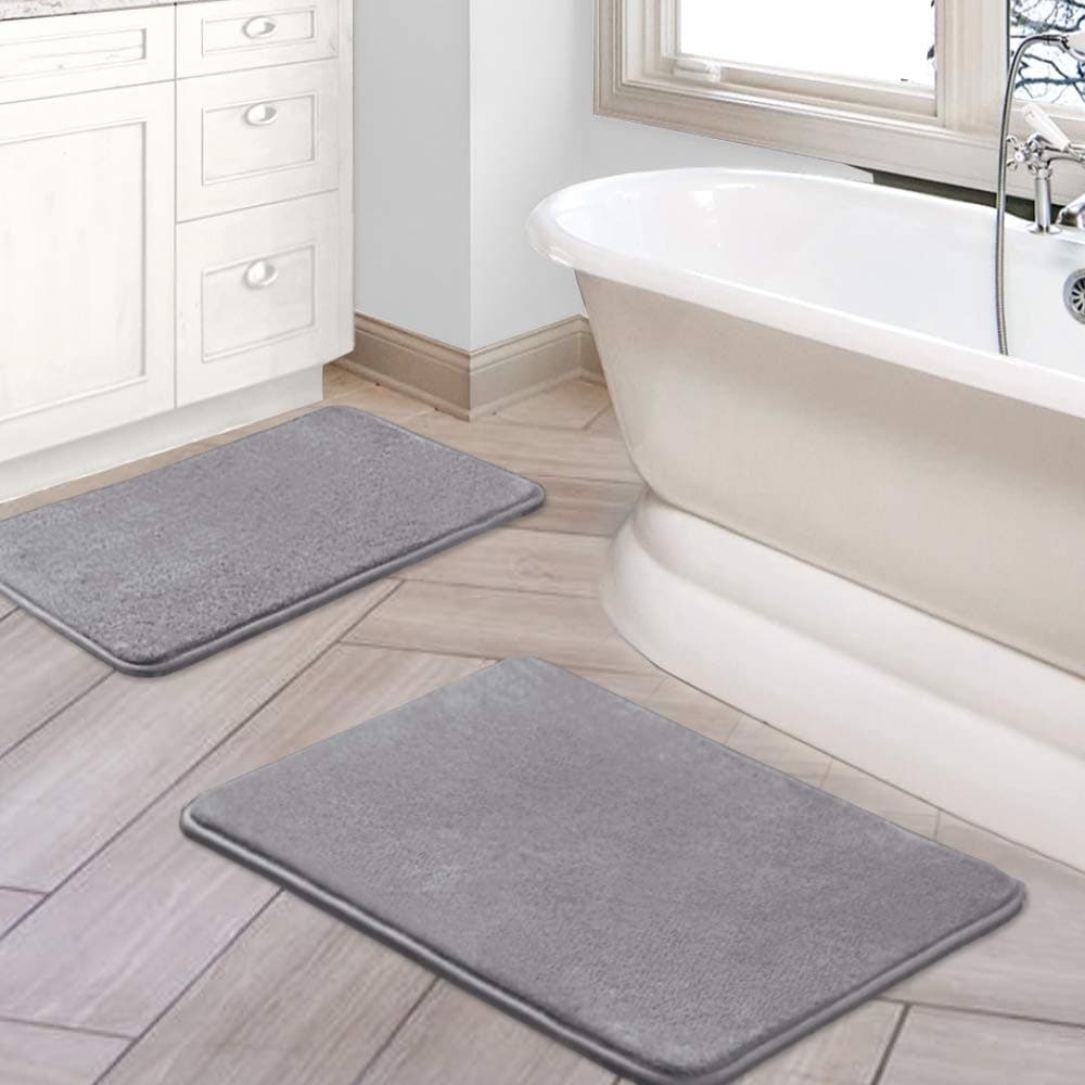 HVERSAILTEX Bath Mat Memory Foam Set Bathroom Rug Set Flannel Velvety Bath Mat Luxury Extra Soft and Absorbent Non Slip Rugs for BathroomBedroom Washable2 Pack 20x 32 17x 24 Grey