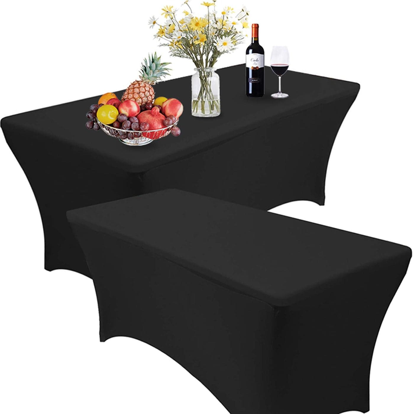 RELIANCER 2 Pack 4FT Rectangular Spandex Table Cover FourWay Tight Fitted Stretch Tablecloth Table Cloth for Outdoor Party DJ Tradeshow Banquet Vendor Wedding Celebration 2PC 4FT Black