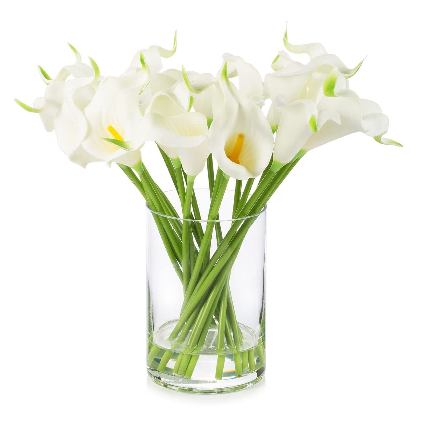 ENOVA HOME 20 Pieces Artificial Real Touch Lilies Flower Arrangement in Glass Vase with Faux Water for Home Decoration White