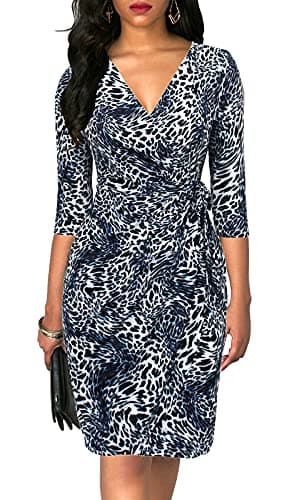 Berydress Women's Wedding Guest Faux Wrap Dresses Sexy V-Neck Cotton Belted Blue Leopard Sheath Dress (XL, 6083-Blue Leopard)