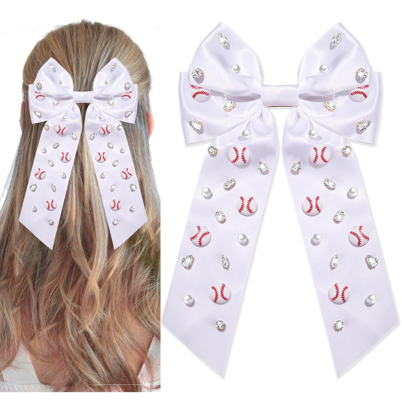 Baseball Bows Accessories for Women Softball Hair Bows Jeweled Rhinestone Hair Bow Clips Large Baseball Hair Ribbons Sports Game Day Accessories Baseball Mom Accessories Outfits Gifts White 1