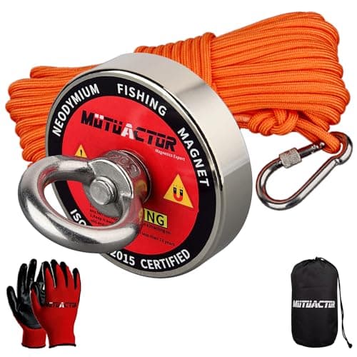 MUTUACTOR Magnet Fishing Kit 500lbs Pulling Force,Heavy Duty Neodymium N52 Magnet with 20m(64 Foot) Durable Rope,Permanent Gaint Rare Earth Magnets for Lifting Objects Hunting Lost Treasures