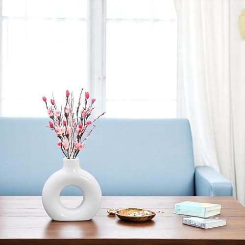 AABCO Modern White Ceramic Vase Artificial Pink Flowers | Round Donut Shape Flower Pot for Home, Office & Table Decor | Minimalist Centerpiece Showpiece(4 INCH)