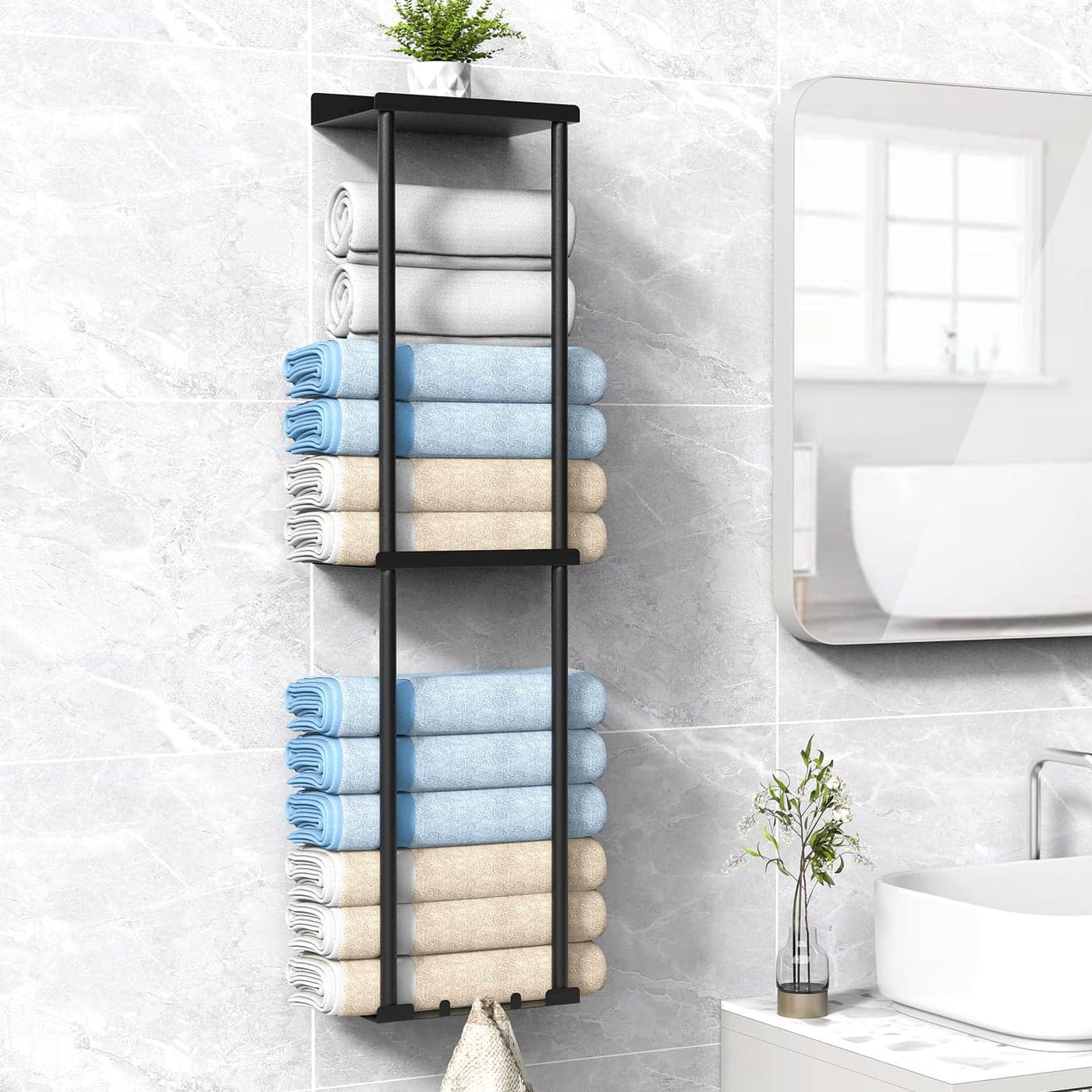 Liuoud Towel Rack for Bathroom Wall Mounted Vertical Rolled Towel Storage Organizer Holder with Shelf Holds Up 6 Large Bath Sheets Black