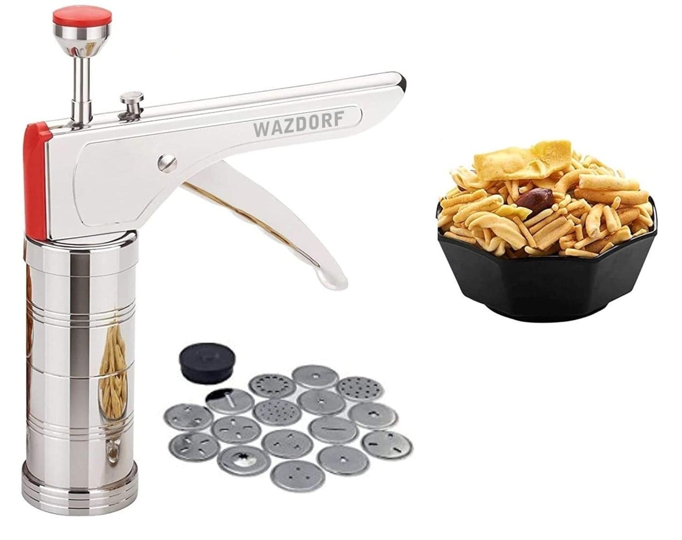 Wazdorf Stainless Steel Kitchen Press with 15 Different Types of Jalies Murukku MakerBhujiya MakerNoodlesCookiesNamkeenChakali MakerSev MakerFarsan MakerGathiya Maker