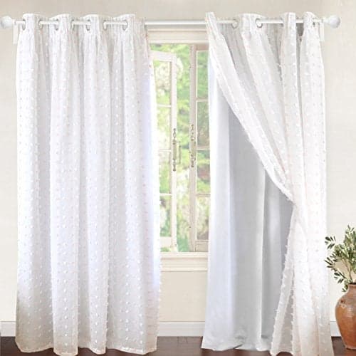 DriftAway White Pinch Pleated Voile Sheer Blackout Thermal Curtain Liner Embroidered with Pom Pom Lined Grommet Curtain for Kids Girls Bedroom Nursery Room 84 Inch Single Panel