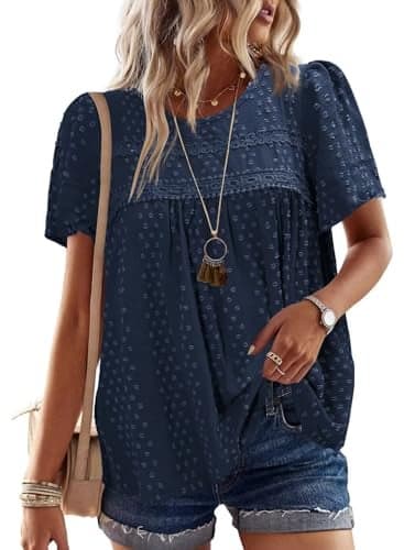 Falechay Summer Tops Womens 2025 Fashion Boho Tunic Tops for Women Crewneck Flowy Navy Blue Shirts Babydoll Pom Pom Short Sleeve Blouses Oversized L