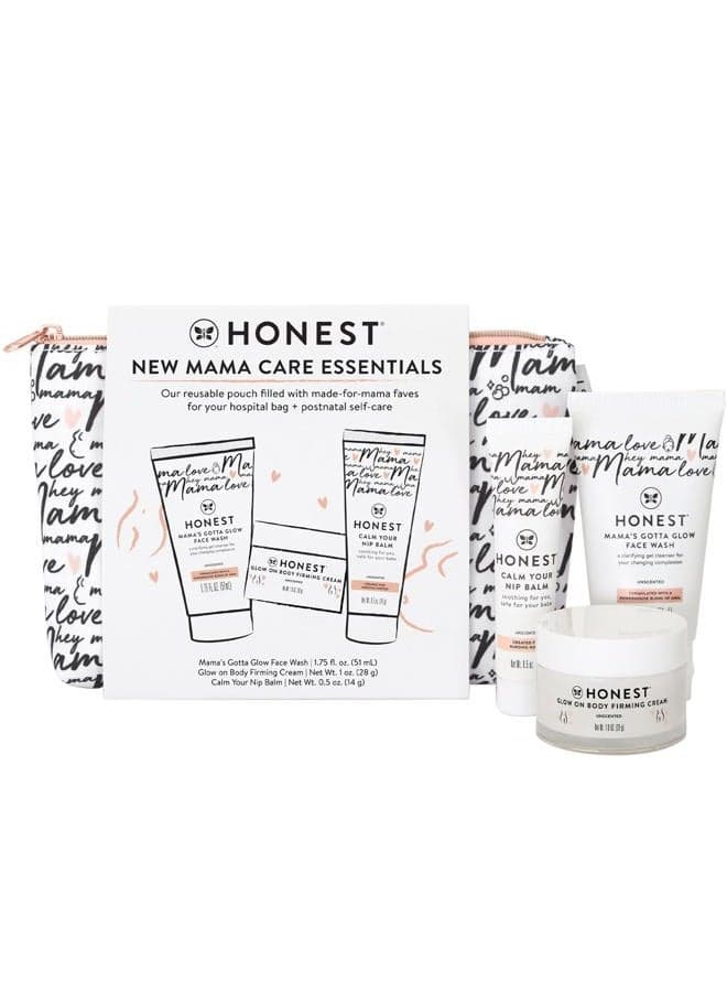 New Mama Care Essentials Gift Set | Hospital Bag Must Haves | Travel Size Nip Balm (0.5 oz), Glow On Body Cream (1 oz), Gotta Glow Face Wash (1.75 fl oz), Reusable Pouch