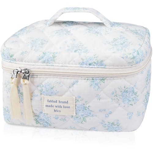 Large Travel Quilted Makeup Bag for Women,Big Floral Cotton Cosmetic Bag, Cute Coquette Aesthetic Floral Toiletry Organizer Bag (Blue Rose)