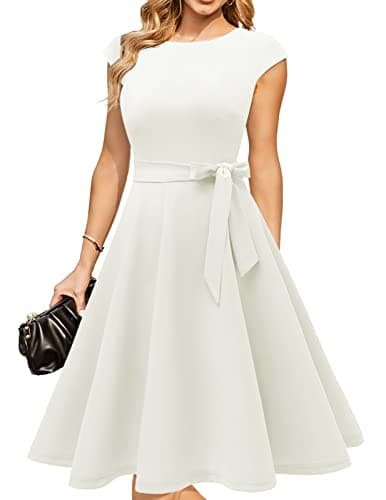 DRESSTELLS Cocktail Dress, White Church Wedding Dresses for Women 2025, Formal Confirmation Party Teen Fit Flare Aline Modest Evening Gown M
