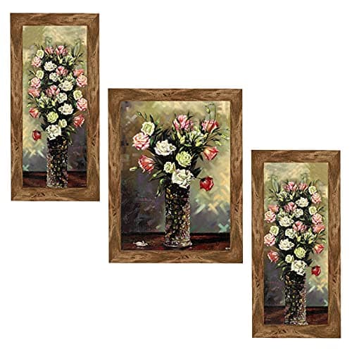 Indianara Set of 3 Flowers in Vases Framed Art Painting (1706WNT) without glass 6 X 13, 10.2 X 13, 6 X 13 INCH