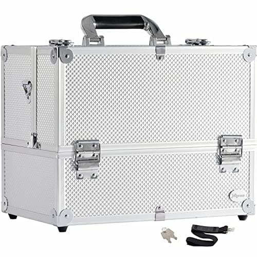 Joligrace Extra Large Makeup Train Case 6 Tray Make Up Artists Organizer Box Lockable Cosmetic Jewelry Toiletries Carrier Crafters Tool Cases with Adjustable Dividers Shoulder Strap Silver