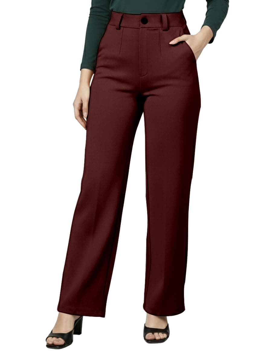 Mehrang Cotton Blend Bootcut Parallel Trouser Pants for Women Regular Fit, Side Pocket, Front Fly Zip Bellbottom Straight Pants for Womens (in, Alpha, L, Regular, Maroon)