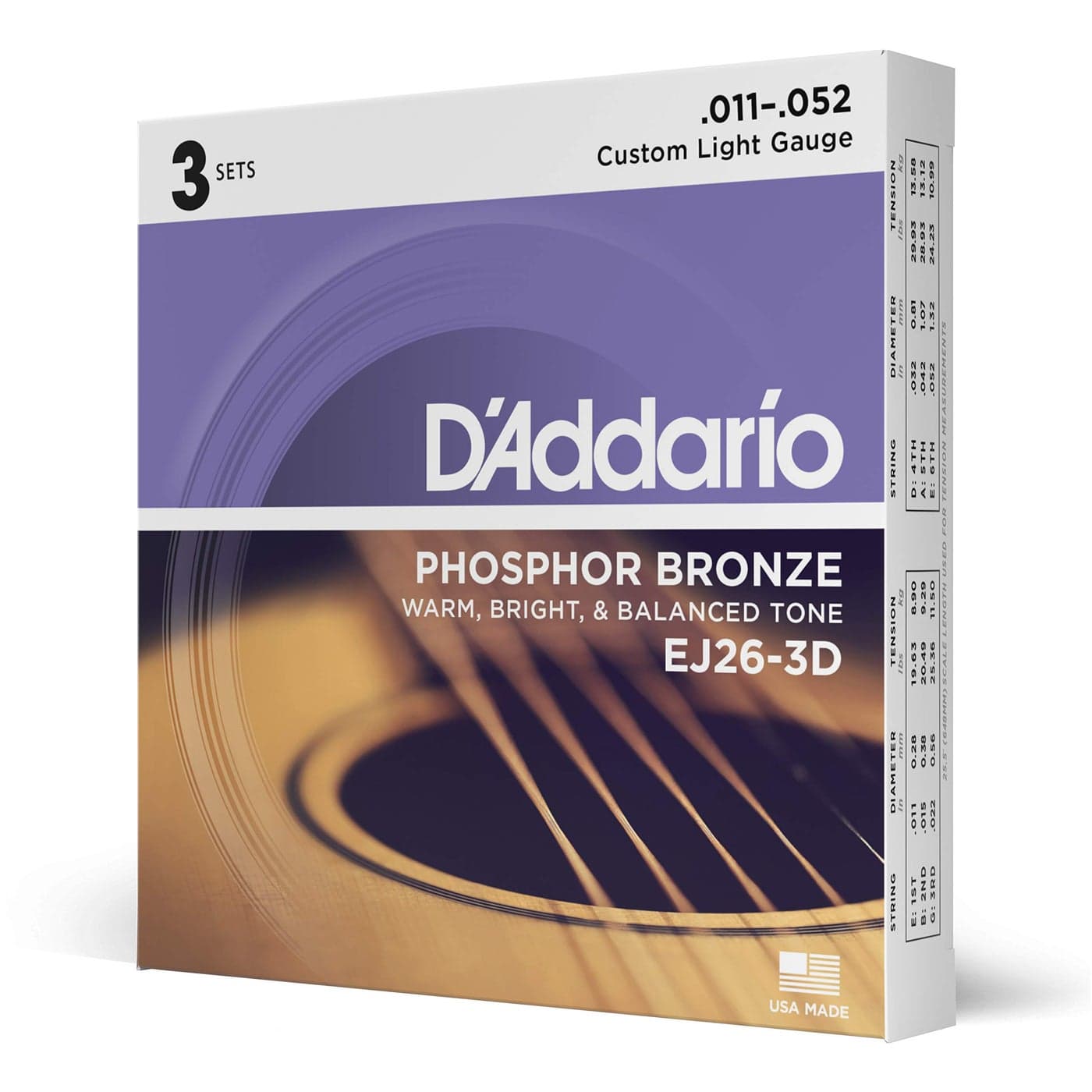 D'Addario Guitar Strings - Phosphor Bronze Acoustic Guitar Strings - EJ26-3D - Rich, Full Tonal Spectrum - For 6 String Guitars - 11-52 Custom Light, 3-Pack