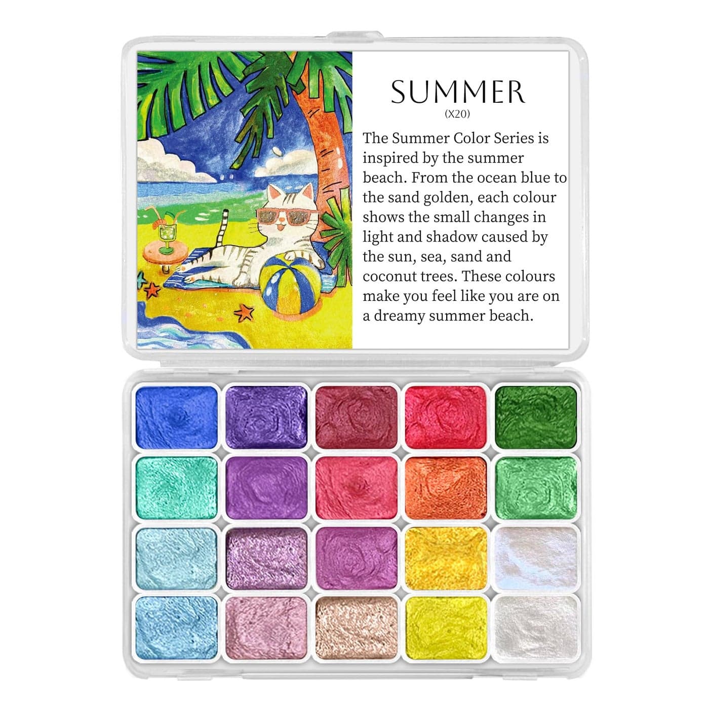 CraftyManor Mini Glitter Watercolor Paint Set 20 Colors Shimmer Metallic Watercolour Painting Sets Solid Pearl Water Color Paints for Adult 1ml Trial PackSummer