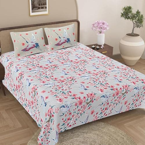 Jaipur Weaves Jaipuri Double Bed Cotton Bedsheet Queen Size 90x108, 144 TC 100% Pure Cotton Bed Sheet with 2 Pillow Covers, Floral Traditional Print (Brown Flamingo)