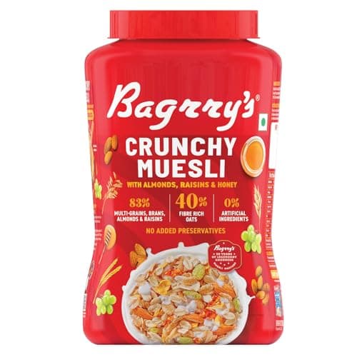 Bagrry’s Crunchy Muesli – 1kg Jar | 83% Multigrain, Brans, Almonds, Raisins & Honey | 40% Fibre Rich Oats | High Fibre and Protein Breakfast Cereal | No Added Preservatives | Non-GMO Oats | 100% Natural | Trans Fat & Cholesterol Free