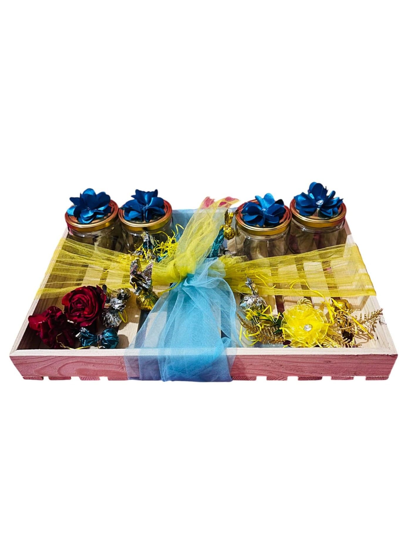 Vayu Art & Crafts Large Pinewood Gift Hamper Tray with Full Wooden Base | Decorative Net Included | Ideal for Gifting, Wedding, and Home Décor (46×30.5×6 cm / 18×12×2.3 inch)