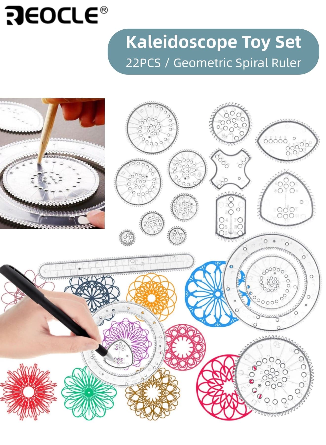 22PCS Educational Spirograph Toy Set with Magic Kaleidoscope Ruler Design Creative Drawing Kit with Geometric Patterns for Student School Classroom Rewards (Multicolor)