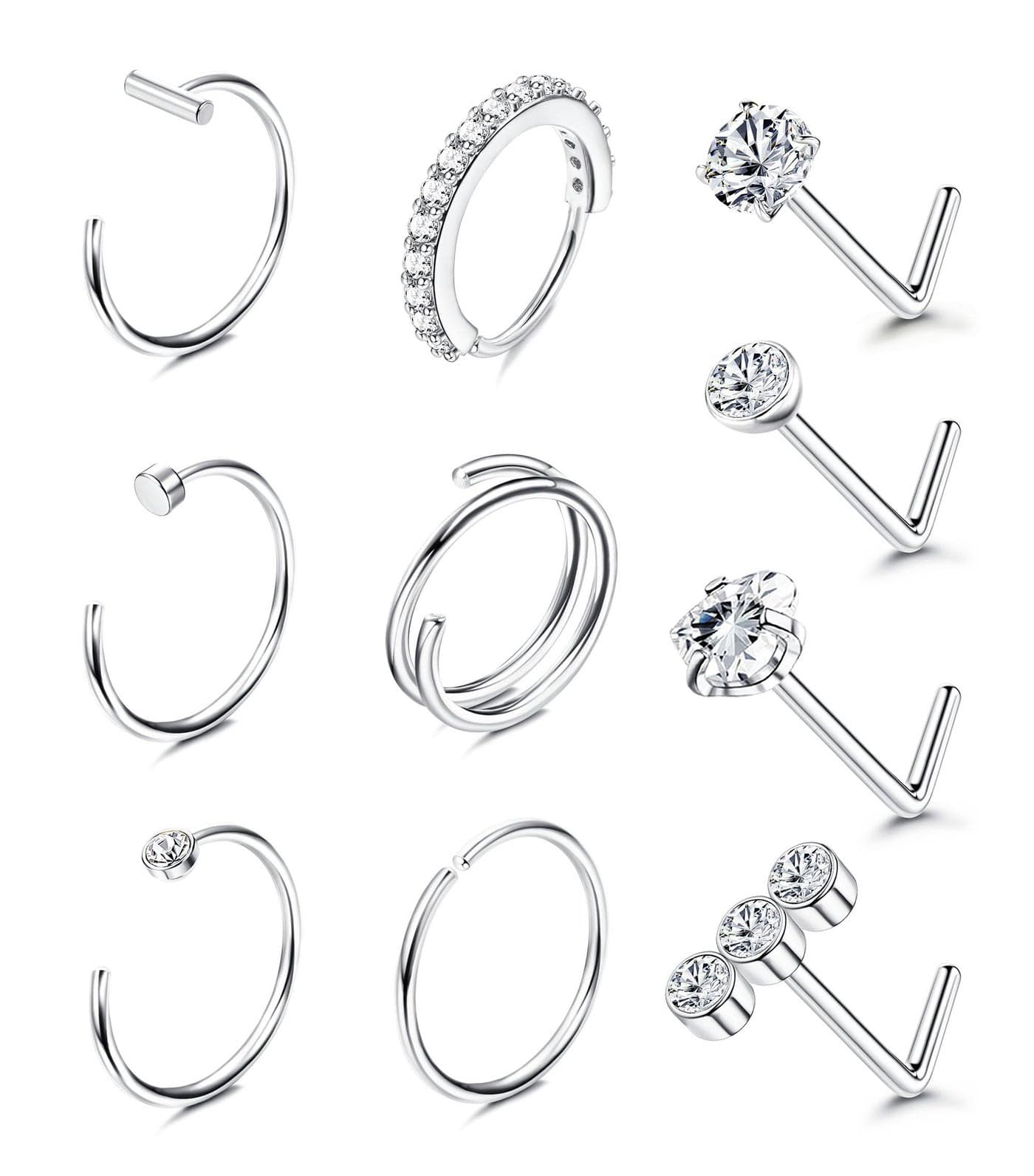 Nose Ring Studs 20G Nose Rings Hoops Stud 316L Stainless Steel Nose Rings Round CZ Heart Simulated Diamond L Shaped Nose Stud Hypoallergenic Nostril Piercing Jewelry for Women Men 10Pcs(steel color)