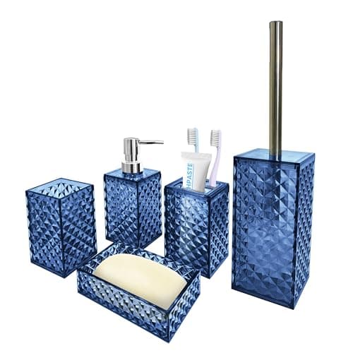Seeatoo Bathroom Accessory Set, 5 PCS Blue Bathroom Accessories Sets Complete, Soap Dispenser, Toothbrush Holder, Soap Dish, Mouthwash Cup and Toilet Brush, Modern Bathroom Decor