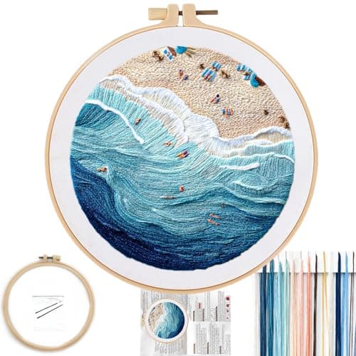 FONNUY Beach Ocean Embroidery Kit Cross Stitch Kits for Beginners Handmade Crafts with Printed Patterns for Beginner Adults Easy to Follow Color Thread Needlework 8 Hoop Ocean