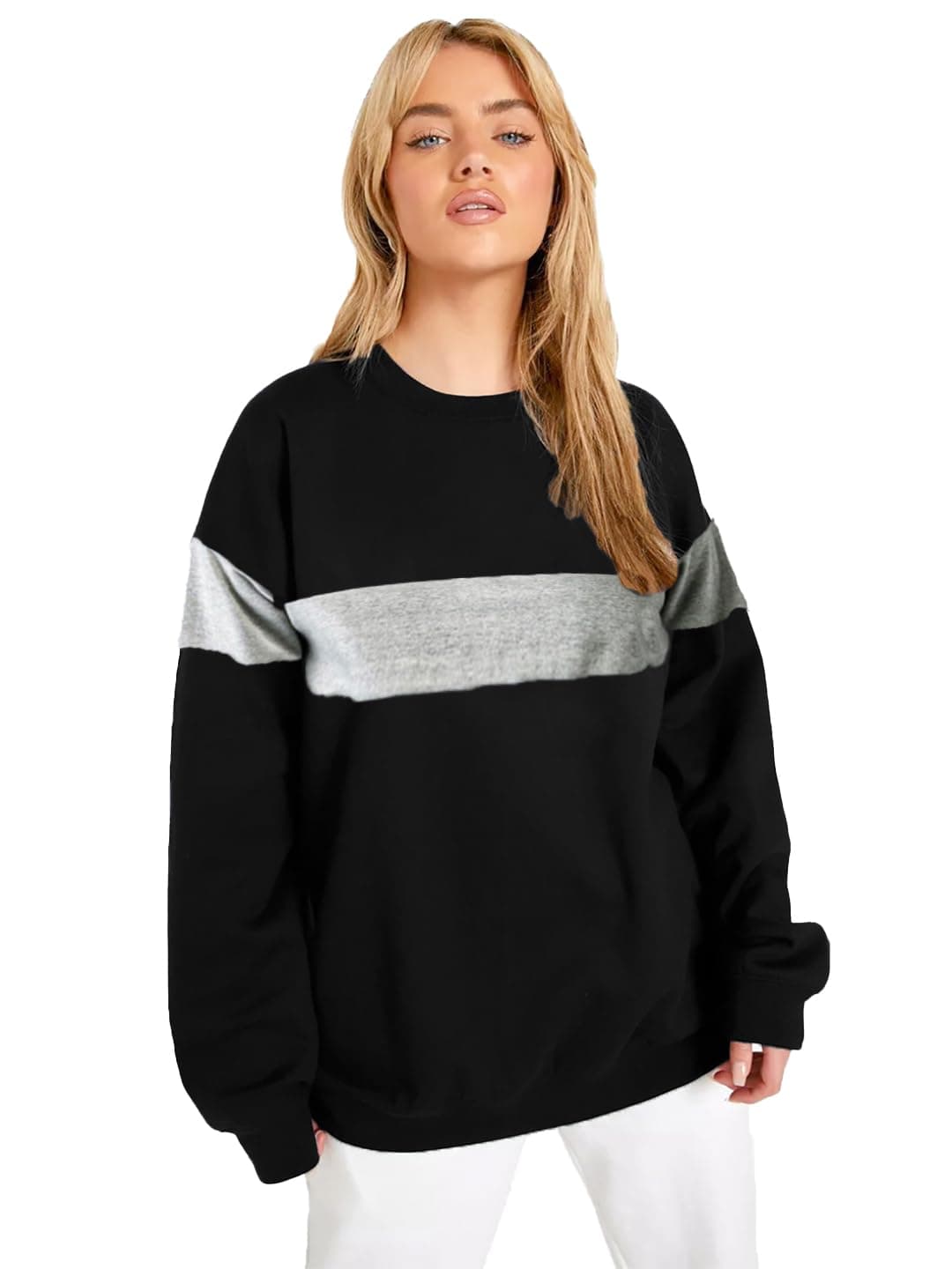 LEOTUDE Loopknit Women's Loose Round Neck Sweatshirt (GRL_W11GRY11_P_Black1_M)