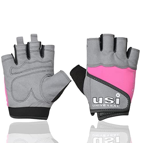 USI UNIVERSAL 733Q Queen Fitness Gym Gloves, Workout Powerlifting Gloves, Microfiber, Polyester, Elastane, Foam Construction, Padded, Contoured Wrist Strap (Small, Grey/Pink)
