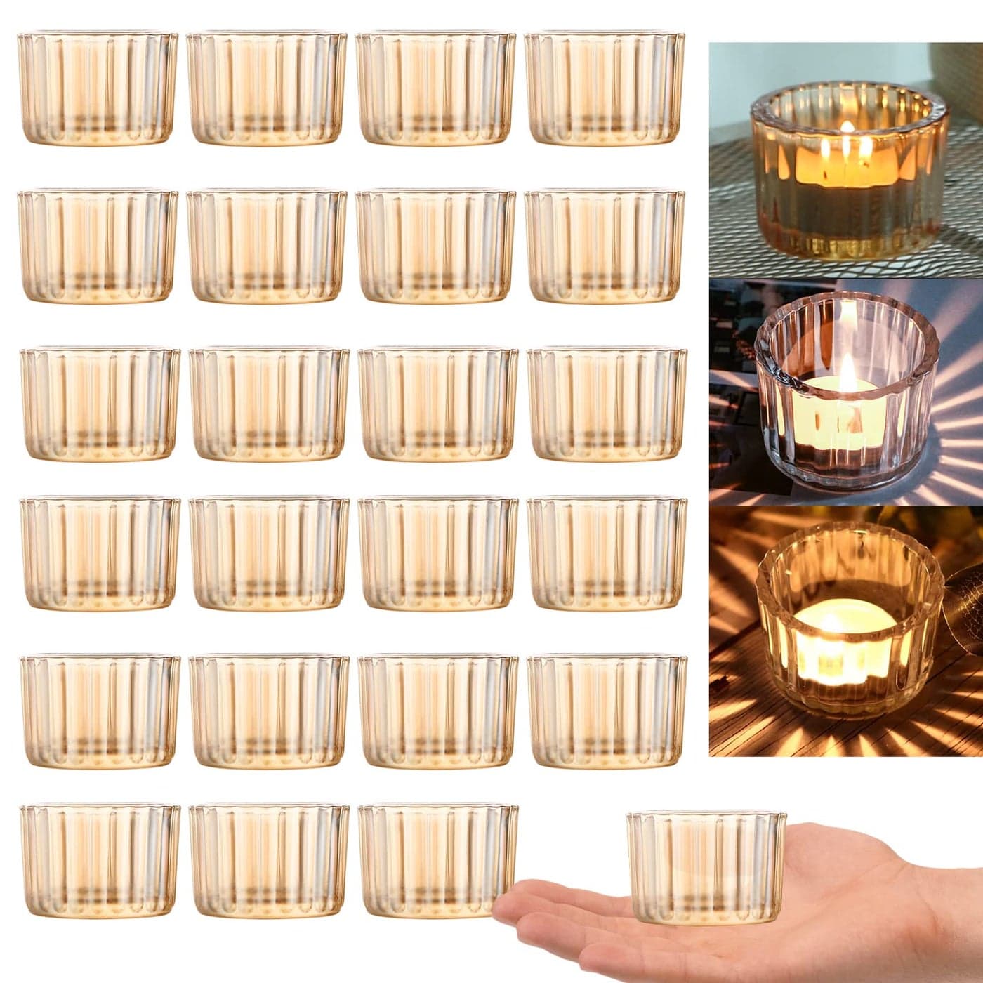 GOLDEAL Gold Round Tealight Candle HoldersSet of 24 Thick Glass Tea Light Candle Holder DecorCandlestick for Wedding DecorPartyBaby Shower PartyBridal Shower PartyTable Centerpiece Home Dcor
