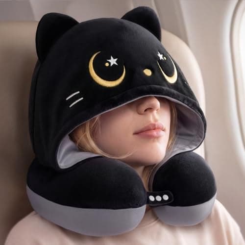 Mewaii Travel Neck Pillow with Hood for AirplanesMemory FoamBreathable Ice Silk Soft VelvetDoubleSidedRemovable to CleanAdjustable StrapPortable Travel Pillow for Long Flights Adults Teens