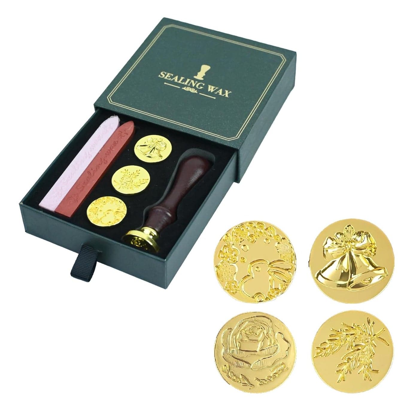 URBAN BOX Wax Seal Stamp Kit Gift Box Set Wax Seal Kit 4Pcs Sealing Wax Stamp Copper Seals 1 Wooden Wax Seal Stamp Handle 2 Color Sealing Wax Bar Wax Stamp Kit for Cards Envelopes