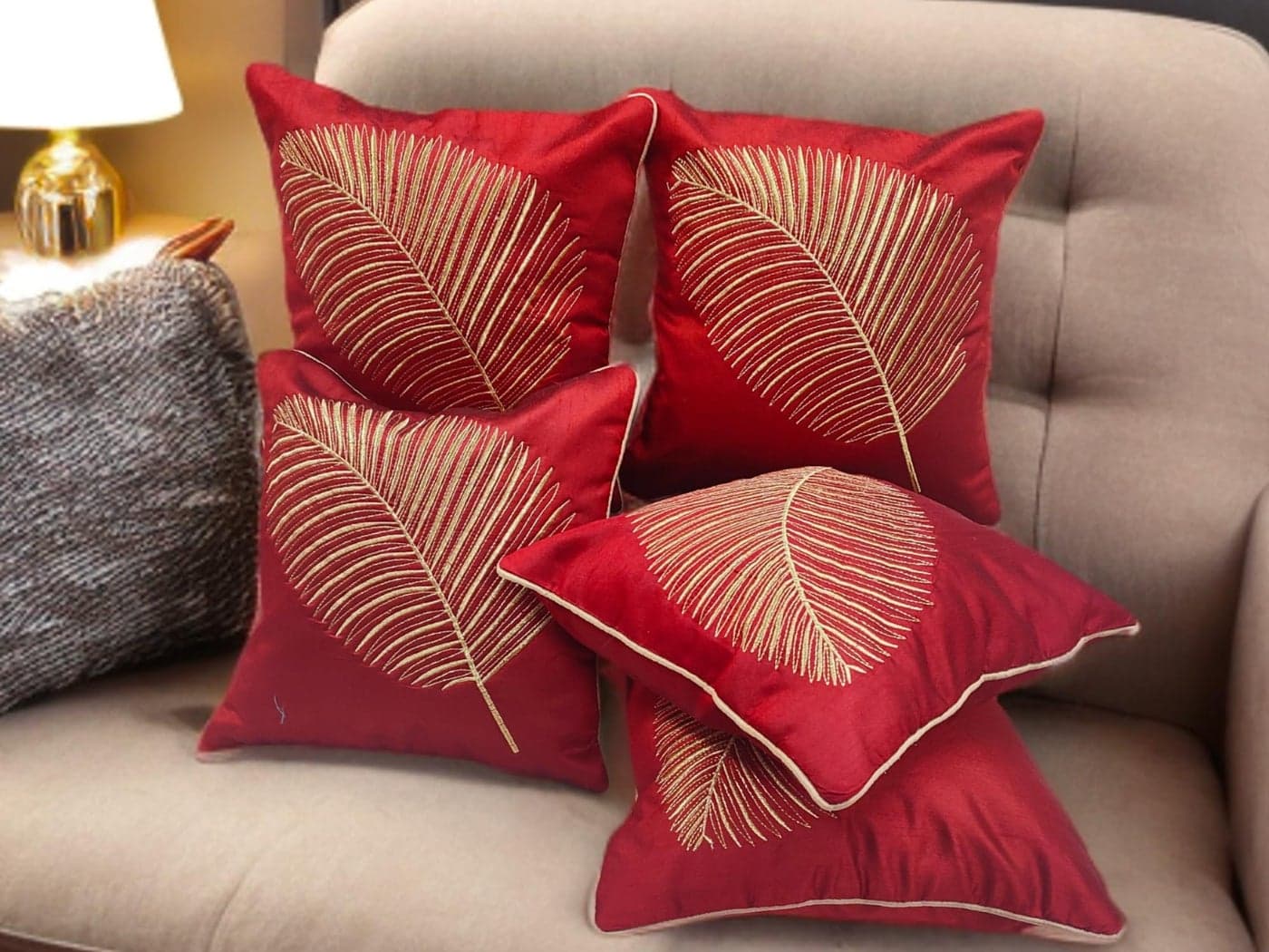 Fab Nation Silk Christmas Cushion Cover 16x16 inch Set of 2, Red Golden Zari Christmas Theam Cushion Cover, Festive Throw Pillow Sofa Cushion Covers, Christmas Decor Cushion Cover