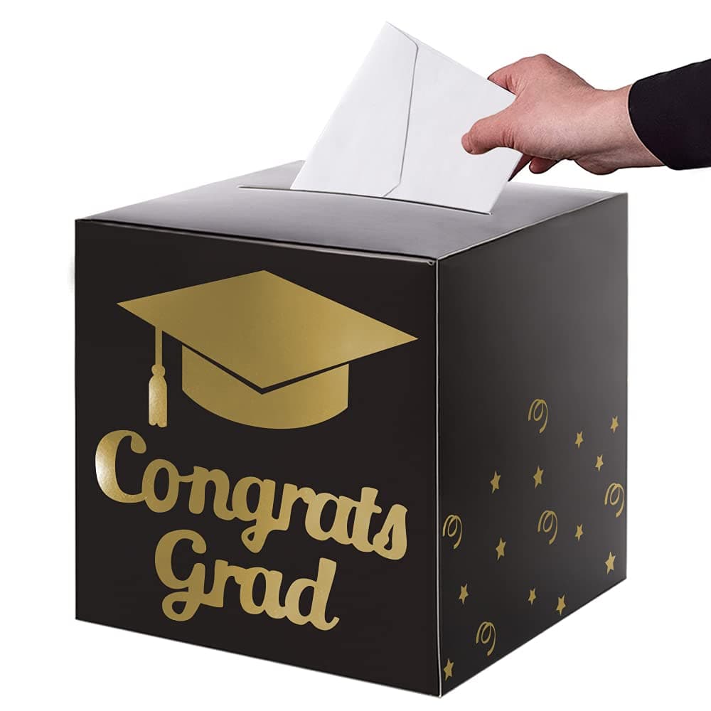 Graduation Card Box Holder Congrats Grad Foldable Cardboard Decorations Box for Graduation Party Decoration and Grad Parties Black