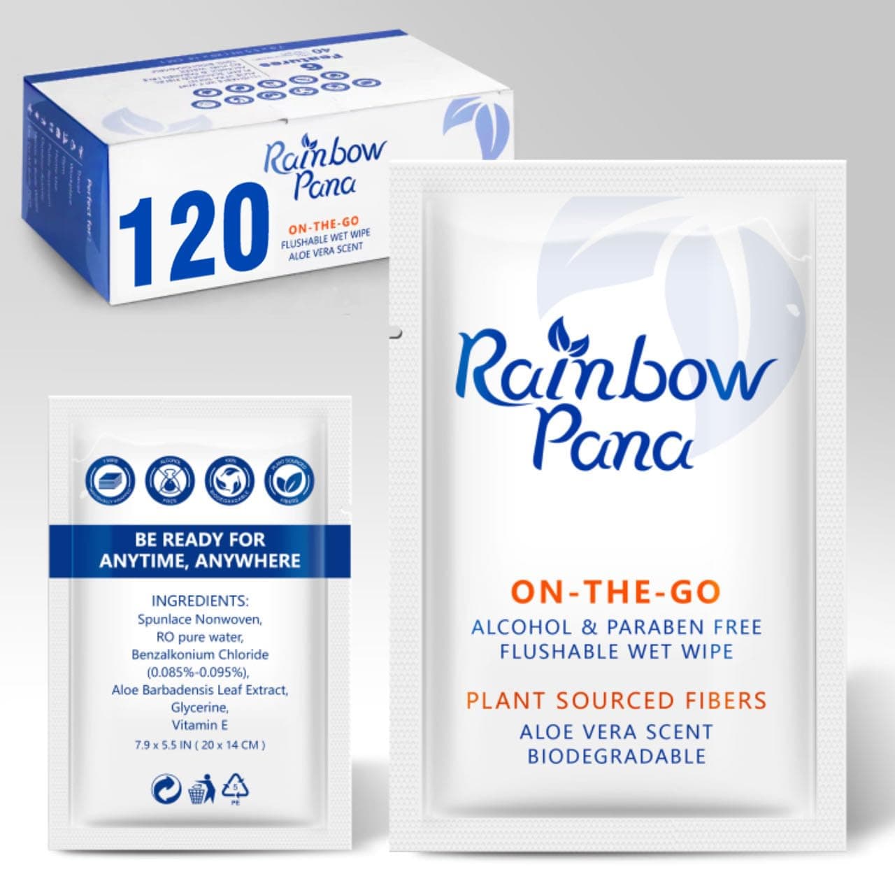 RainbowPana Flushable Wipes 120 Count ONTHEGO Individually Wrapped Butt Wipes for Women and Men Travel Wipes for Family Infused with VE and Aloe pH Balanced ParabenFragranceAlcohol Free