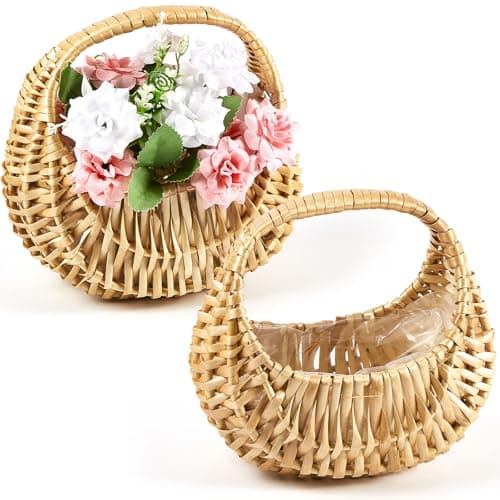 Taiyin 18 Pack Rattan Flower Girl Basket Half Moon Straw Wicker Basket with Handle 6.7" x 6.5" x 4.3" Ideal for Wedding Flower Girl, Picnic, Garden Storage and Home Decor (Nature)